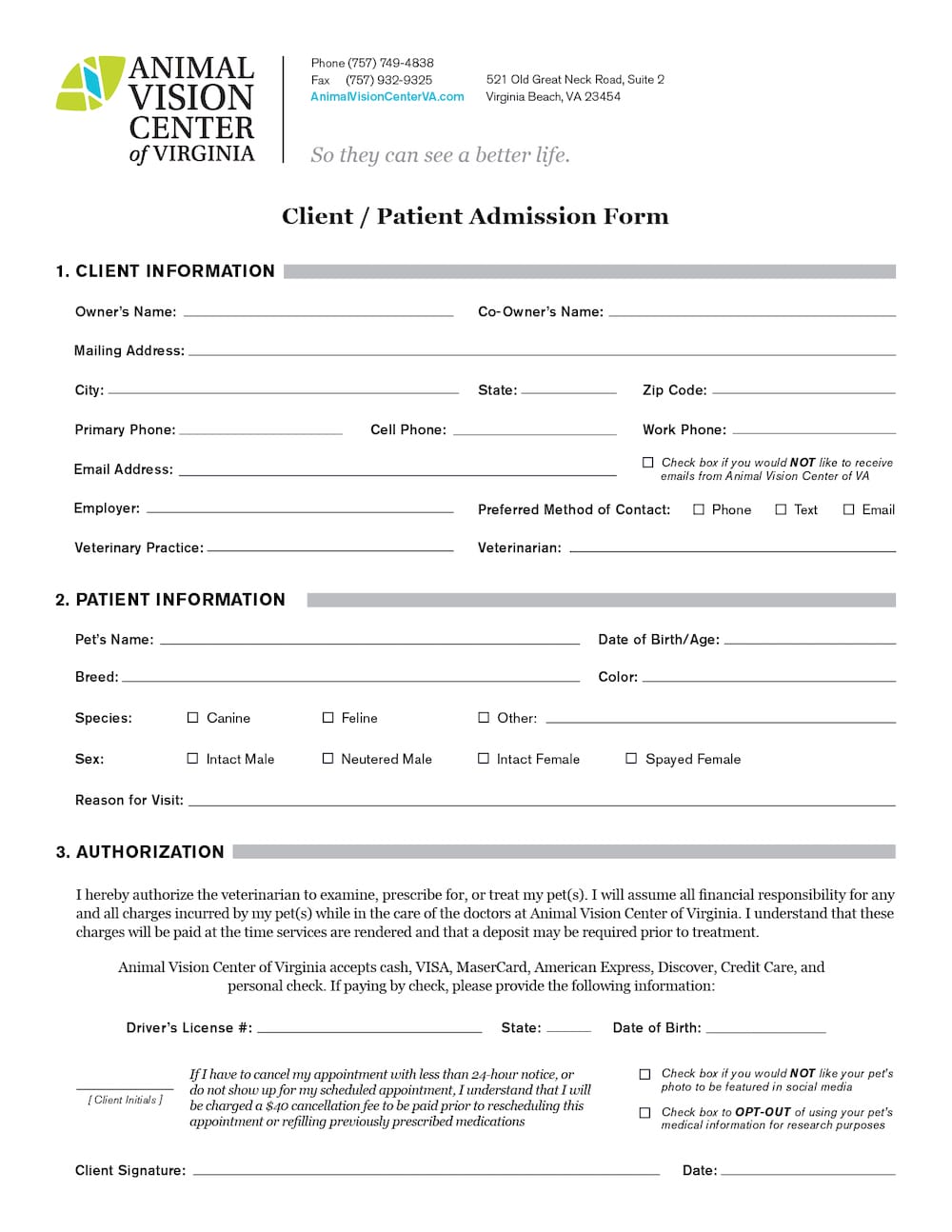 New Client Admission Form
